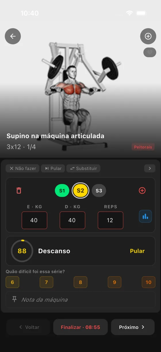 Repsy — treino ativo com descanso cronometrado e esforço da série