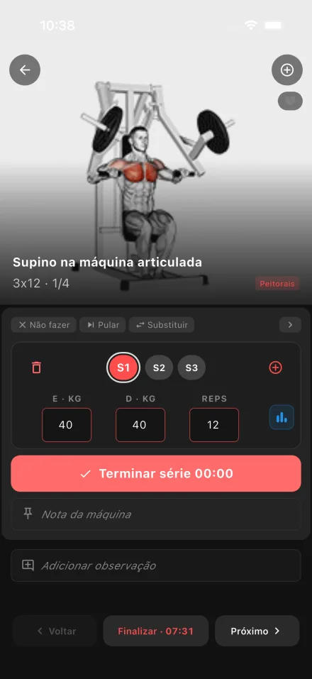Registro de série com carga por lado e repetições