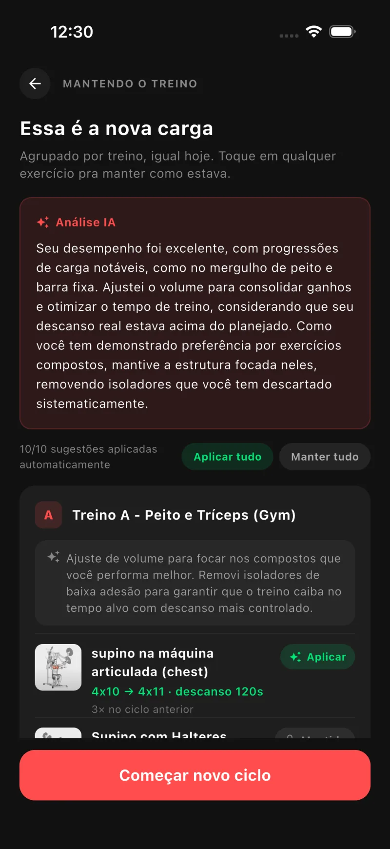 Análise da IA explicando os ajustes de carga e volume do próximo ciclo