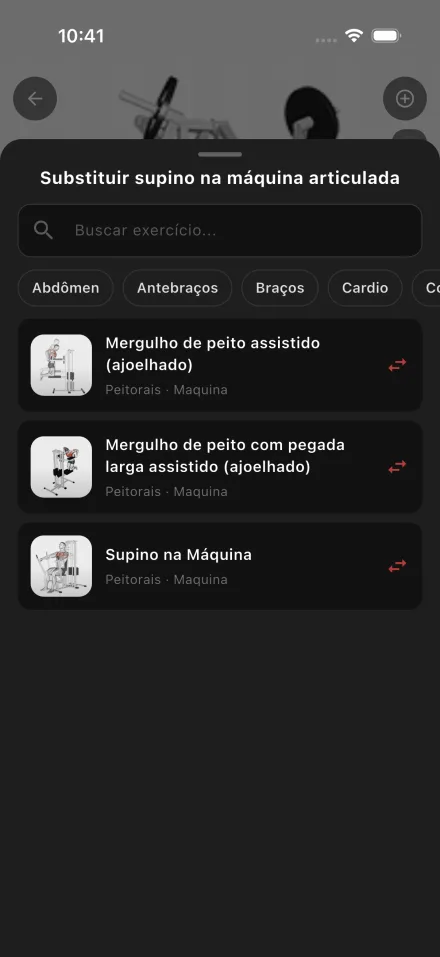 Substituir exercício com busca e sugestões do mesmo grupo